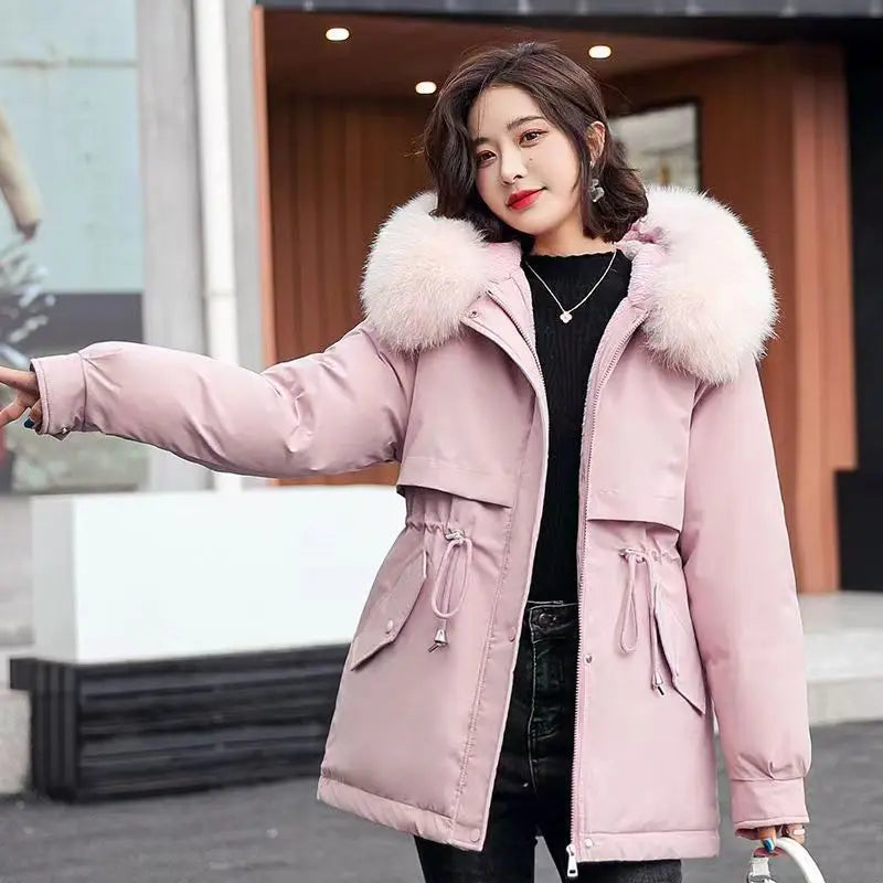 Frühling Parkas Frauen Mäntel Mittlere Länge Mantel Dicke Warme Mit Kapuze Kordelzug Jacken Splice Zipper Enge Taille Jacke Herbst Winter