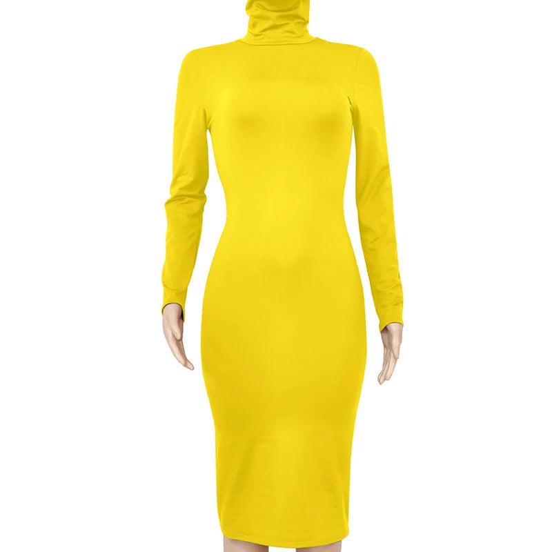 Winter Schwarz Rollkragen Sexy Frauen Kleid Herbst Langarm Dünne Midi Boydcon Casual Blau Plüsch Knie-Länge Party