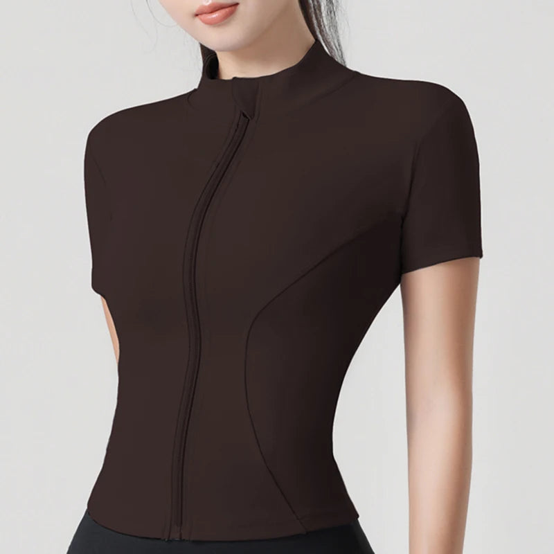Woman yoga Jacket High Elastic Yoga Short Sleeve Coat Stand Collar Tight Sports Coat Naked Fitness Short Sleeve Female
