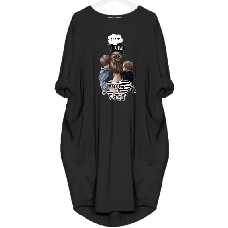 Frauen Lose Lange Ärmeln Sommer Plus Größe Kleid Herbst Winter Casual Rundhals Einfarbig Langarm Tasche Lose Pullove