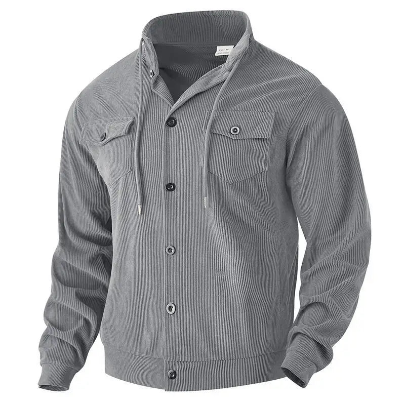 Amerikanische schwere Cord-Herrenjacke, einfache und vielseitige Langarmjacke mit Stehkragen und mehreren Taschen