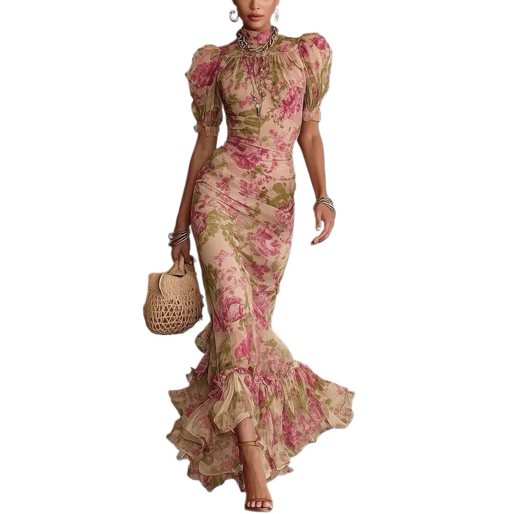 Blumendruck Mode Kurzarm Mesh Vielseitiges Elegantes Langes Kleid Damen Abendkleid Meerjungfrau Schlankes Sexy Spitzen-Splicing Abendkleid