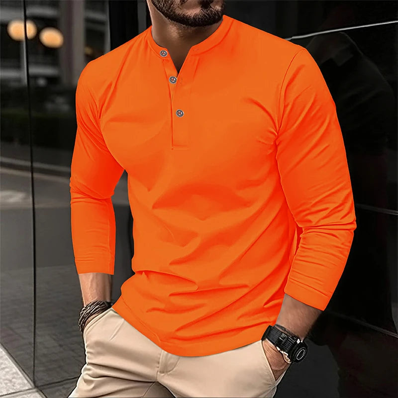 2025 männer Sommer Langarm Henry Polo Casual Atmungsaktiv Komfortable Polo-Shirt Solide Hohe Qualität Männliche T-Shirt Dropshipping