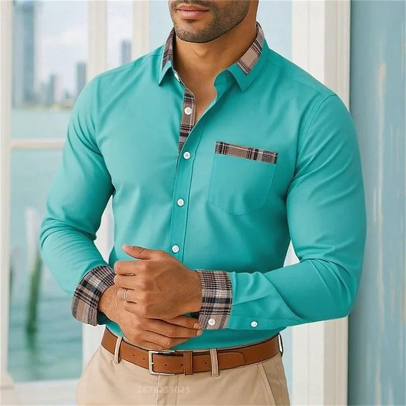 2025 men's lapel long-sleeved button-down casual shirt soft and comfortable daily vacation outdoor office high-quality tops