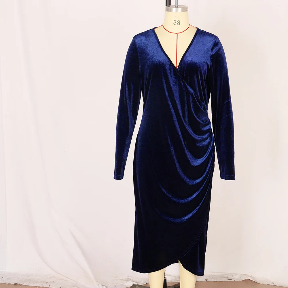 Elegante Samt Bodycon Kleid Frauen Sexy Gewickelt V-ausschnitt Langarm Geraffte Hohe Taille Midi Kleid Party Cocktail Kleider Vestidos