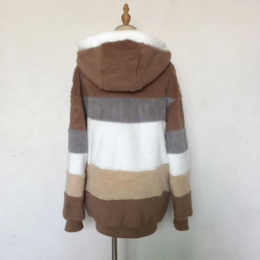 Warm Fleece Oversized Hooded Jacket Women's Autumn Winter Thickened Zipper Pocket Patchwork Clothing Comfortable Sweatshirt