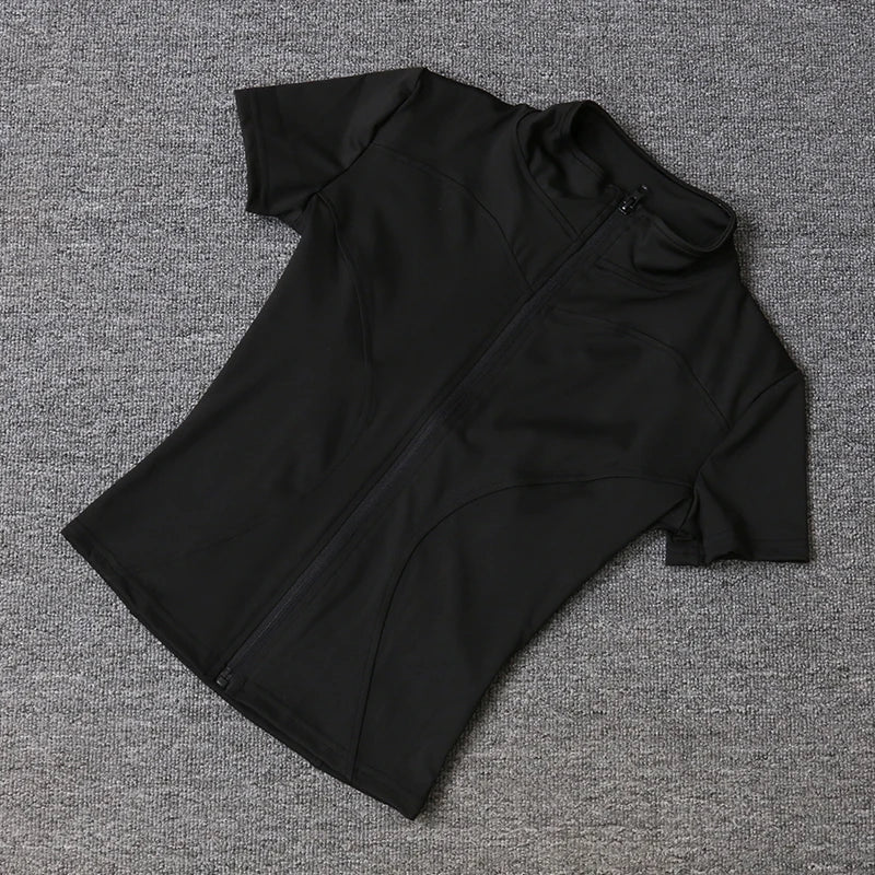 Damen-Sportbekleidung, schmale Passform, Polyester, schnell trocknend, durchgehender Reißverschluss, Outdoor-Fitness, Laufhose, kurze Ärmel, Damen-Yoga-Bekleidung