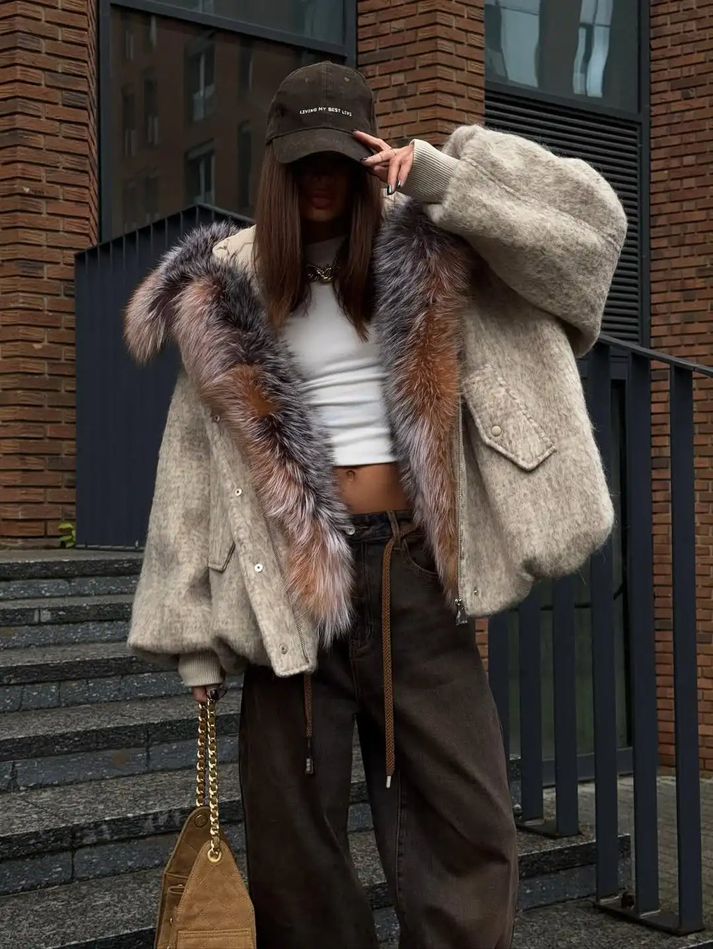Gefärbter Pelzkragen, kurze Wolljacke für Damen, modisch, Revers, volle Ärmel, einreihig, Patchwork, lose Jacken, 2025, Winter-Outwear
