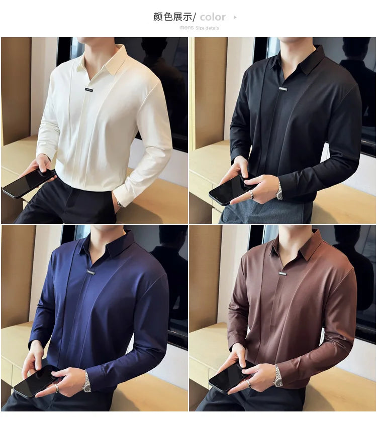 Herren-Poloshirt mit langen Ärmeln, 2026, Frühling, britischer Stil, einfarbig, elastisch, schmale Passform, T-Shirt, formelle Kleidung, Poloshirt, Herrenbekleidung