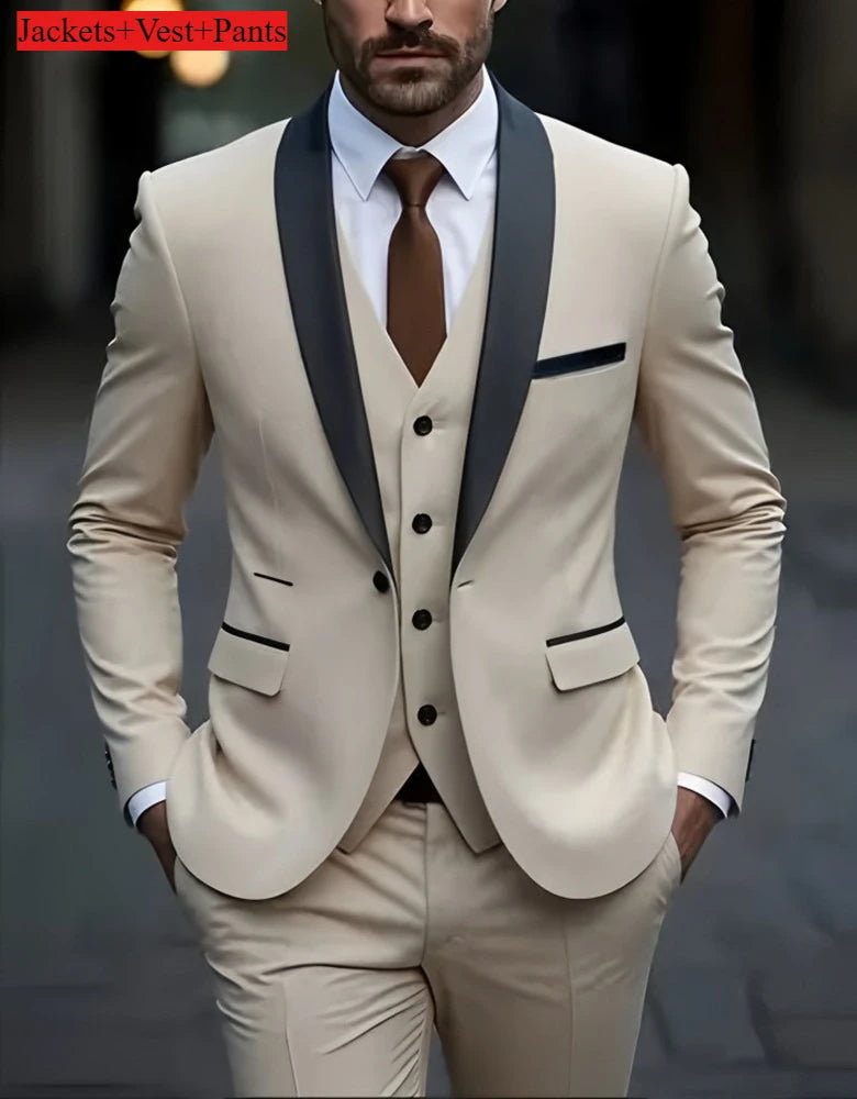 Formelles Anzugset für Herren, Business-Casual, Slim-Fit-Smoking für Hochzeit, langärmliges Revers mit Kerbe, Bräutigam