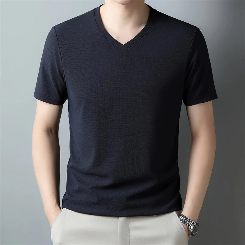 2024 Herren Neues Waffel-T-Shirt mit V-Ausschnitt und kurzen Ärmeln, Sommer, bequemes Oberteil
