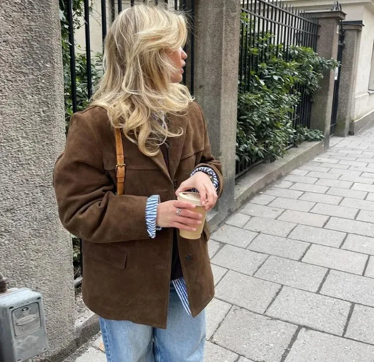 2024 herbst Winter Frauen Jacke Mit Revers Frau Casual Einreiher Tasche Langarm Kurzen Mantel Straße Mantel