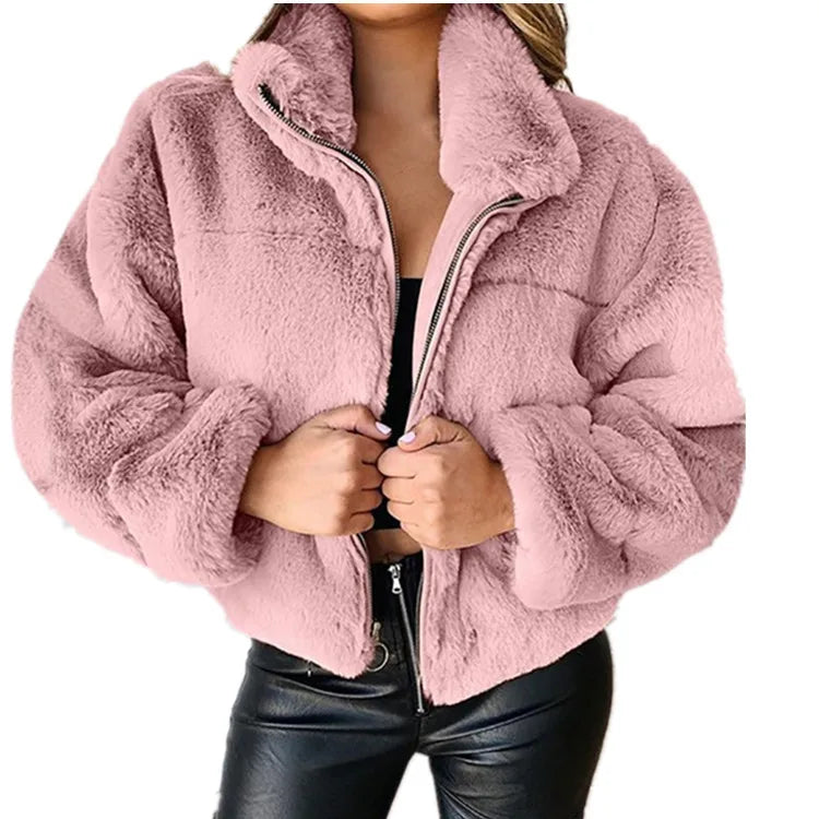 2025, Winter frauen Warme Jacke Zipper Strickjacke Faux Pelz Mode Langarm Stehen Kragen Plüsch Mantel für Weibliche