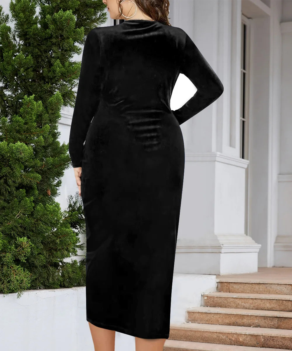 Elegante Samt Bodycon Kleid Frauen Sexy Gewickelt V-ausschnitt Langarm Geraffte Hohe Taille Midi Kleid Party Cocktail Kleider Vestidos