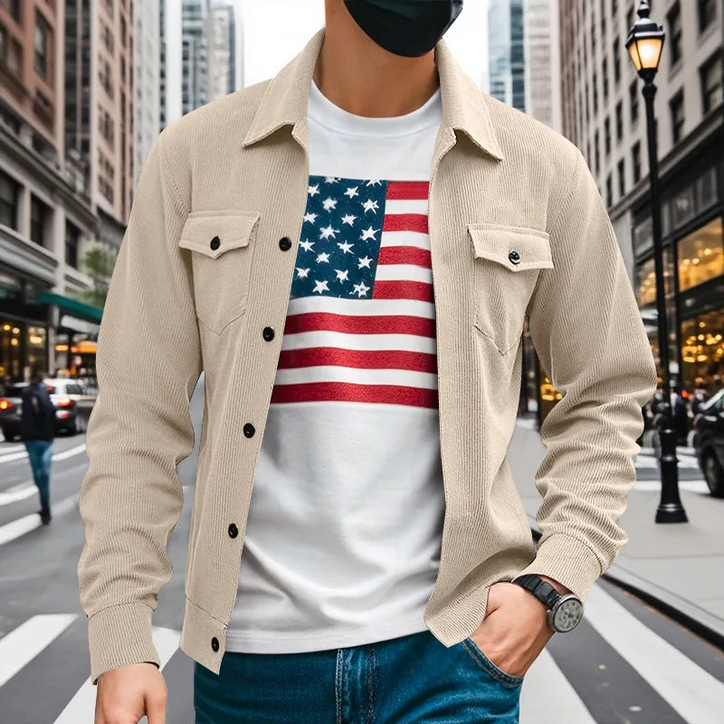 Amerikanische schwere Cord-Herrenjacke, einfache und vielseitige Langarmjacke mit Stehkragen und mehreren Taschen