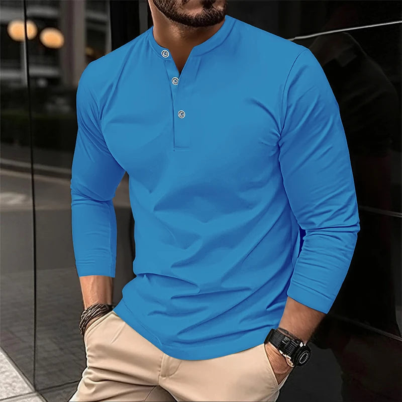 2025 männer Sommer Langarm Henry Polo Casual Atmungsaktiv Komfortable Polo-Shirt Solide Hohe Qualität Männliche T-Shirt Dropshipping