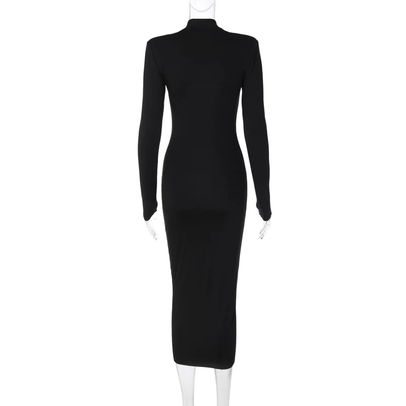 Hugcitar Frauen Mode Rollkragen Lange Ärmel Schwarz Sexy Bodycon Maxi Prom Kleid Herbst Casual Kleidung Streetwear Party Festival