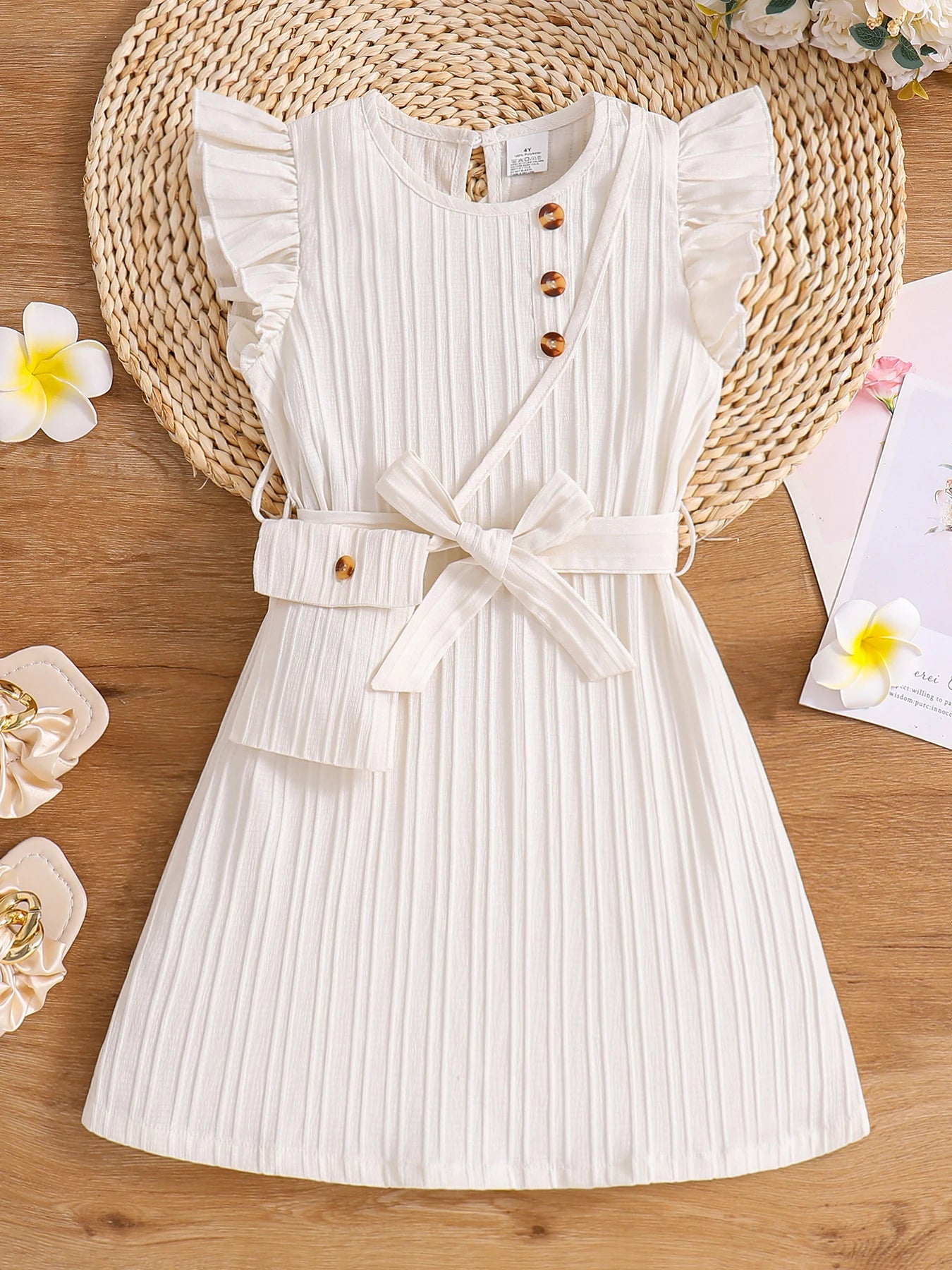Frühling und Sommer Mädchen Mode Urlaub lässig einfarbig Rundhals fliegende Ärmel Kleid Sommerkleidung + kleine Umhängetasche