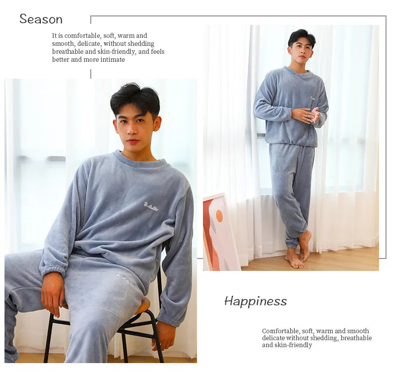 Verdickte Warme Männer Korallen Samt Pyjamas Herbst Winter Homewear Lange Ärmeln Lange Hosen Solide Weiche Nachtwäsche 2 Teile/satz Paar