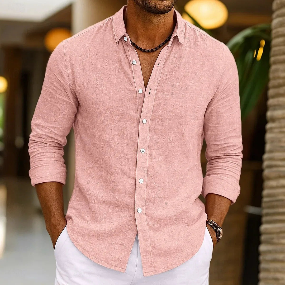 Herren Leinenhemd Sommer Beachwear Knopf Einfarbig Baumwolle Leinen Langarmhemd Urlaub Herrenbekleidung Schneller Versand