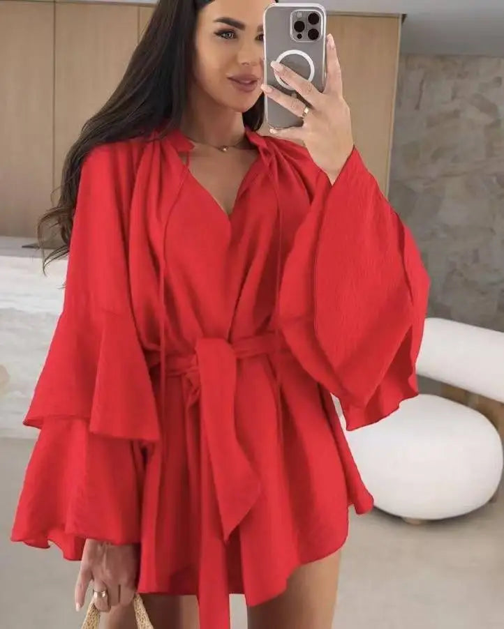 Süße ausgestellte Ärmel Kleider für Frauen 2025, sexy tiefer V-Ausschnitt, modisches Minikleid, Frühling, Sommer, Schnürung, solides Kleid, Robe Femme
