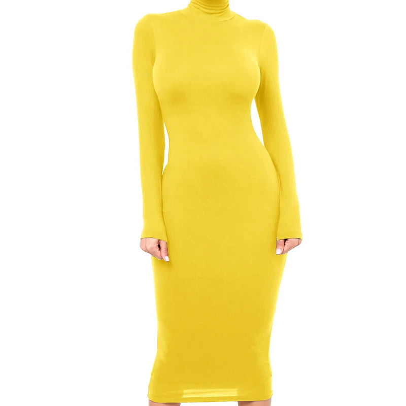 Winter Schwarz Rollkragen Sexy Frauen Kleid Herbst Langarm Dünne Midi Boydcon Casual Blau Plüsch Knie-Länge Party