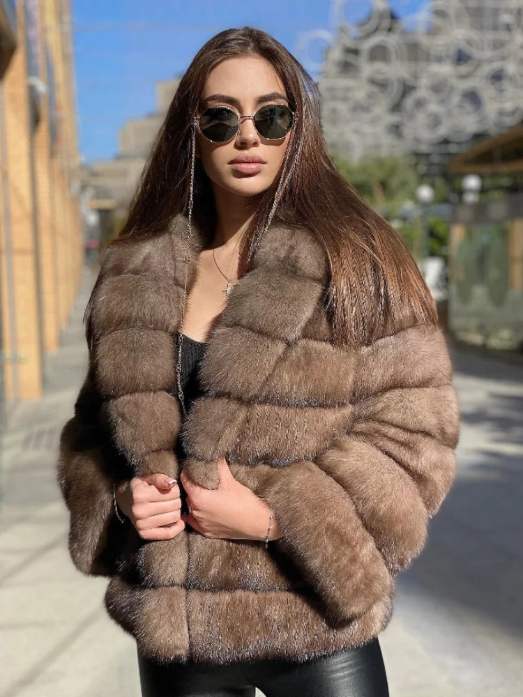 Brauner mittellanger Pelzmantel für Damen, Revers, versteckter Knopf, lockere, elegante Oberbekleidung, 2025, modischer Bürodame, Pendelmantel, Neu
