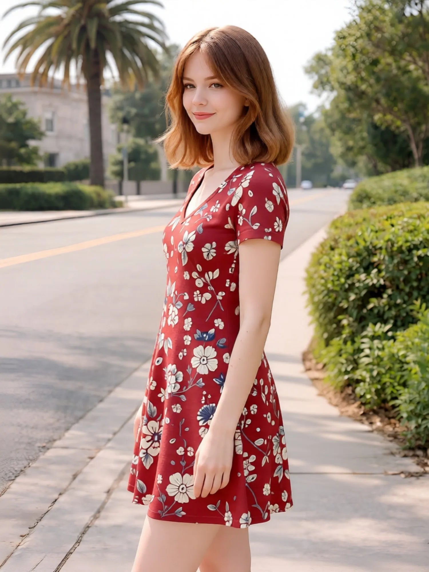 Damen-Swingkleid mit V-Ausschnitt und Blumendruck, lässiges Alltagsoutfit, luftig, weich, bequem, schick, schön, für jeden Tag, feminin, anmutig, einfach