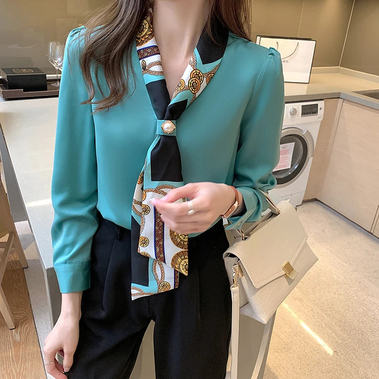 H Han Königin Frühling Chiffon Einfache Büro Dame Bluse Weibliches Hemd Bogen Tops Langarm Casual Koreanische OL Lose Blusen Frauen
