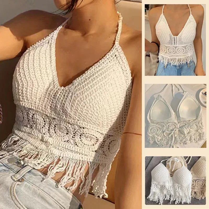 2024 sommer Sexy Strand Kurze Crop Top für Frauen Leichte Aushöhlen Häkeln Quasten Saum Halter Bhs Bustier mit Brust Pads