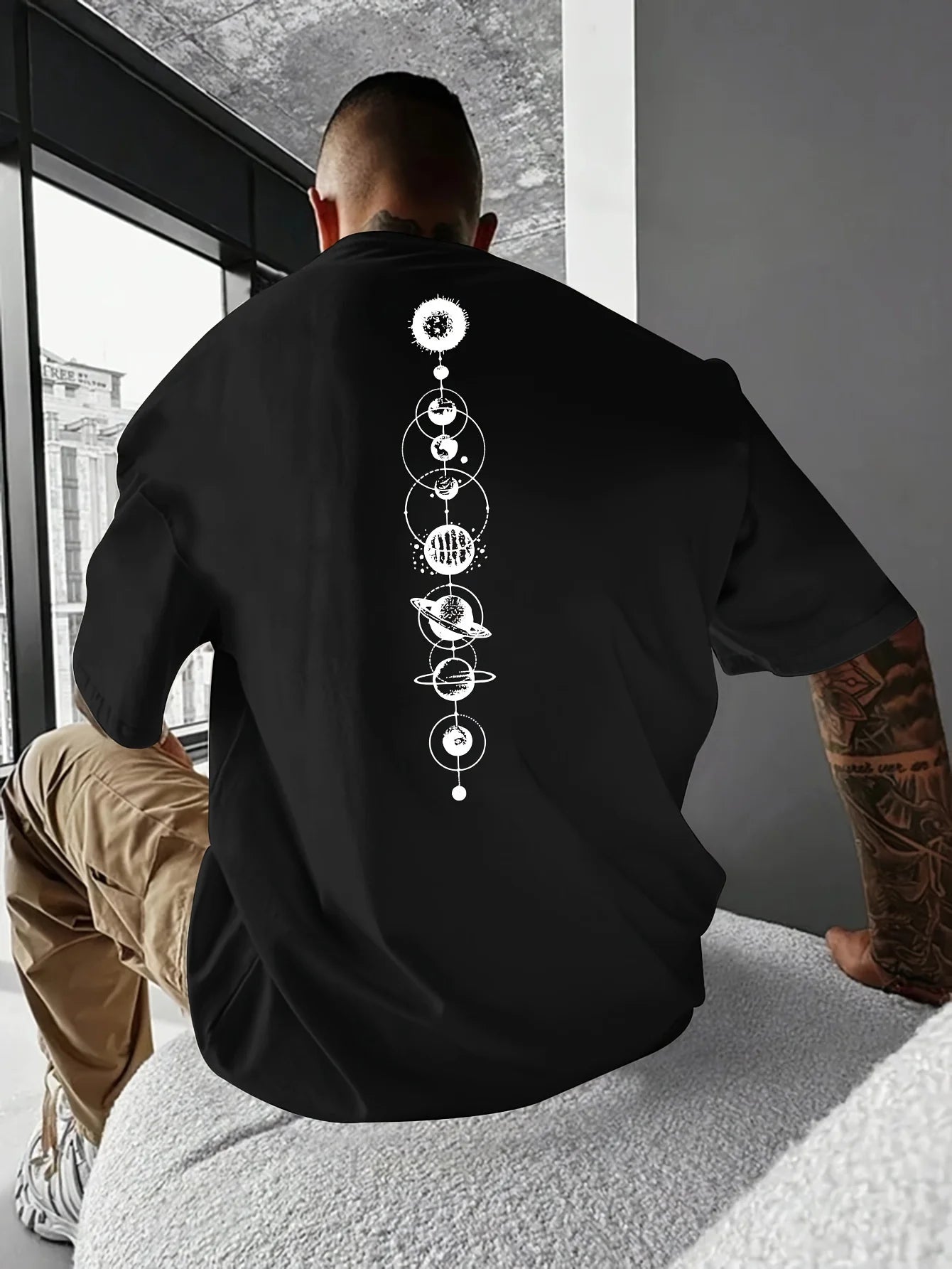 Herren-T-Shirt-Oberteil aus 100 % reiner Baumwolle, Sommer, lockere Größe, Planet-Grafikdruck, lässig, schmale Passform, Rundhalsausschnitt, kurzärmelig