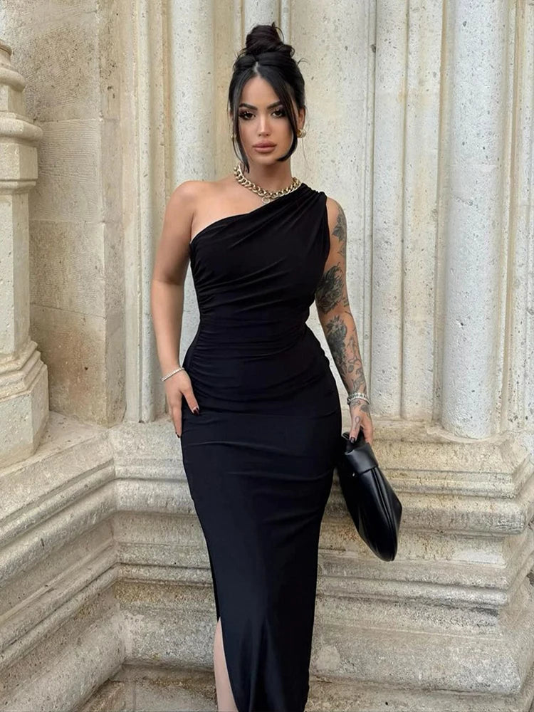 Damen Maxikleider Sexy Geschlitztes Schwarzes Ärmelloses Rückenfreies Schmales Kleid Sommer Damenmode Schulterfreies Club Elegantes Partykleid