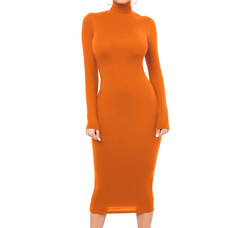 Winter Schwarz Rollkragen Sexy Frauen Kleid Herbst Langarm Dünne Midi Boydcon Casual Blau Plüsch Knie-Länge Party