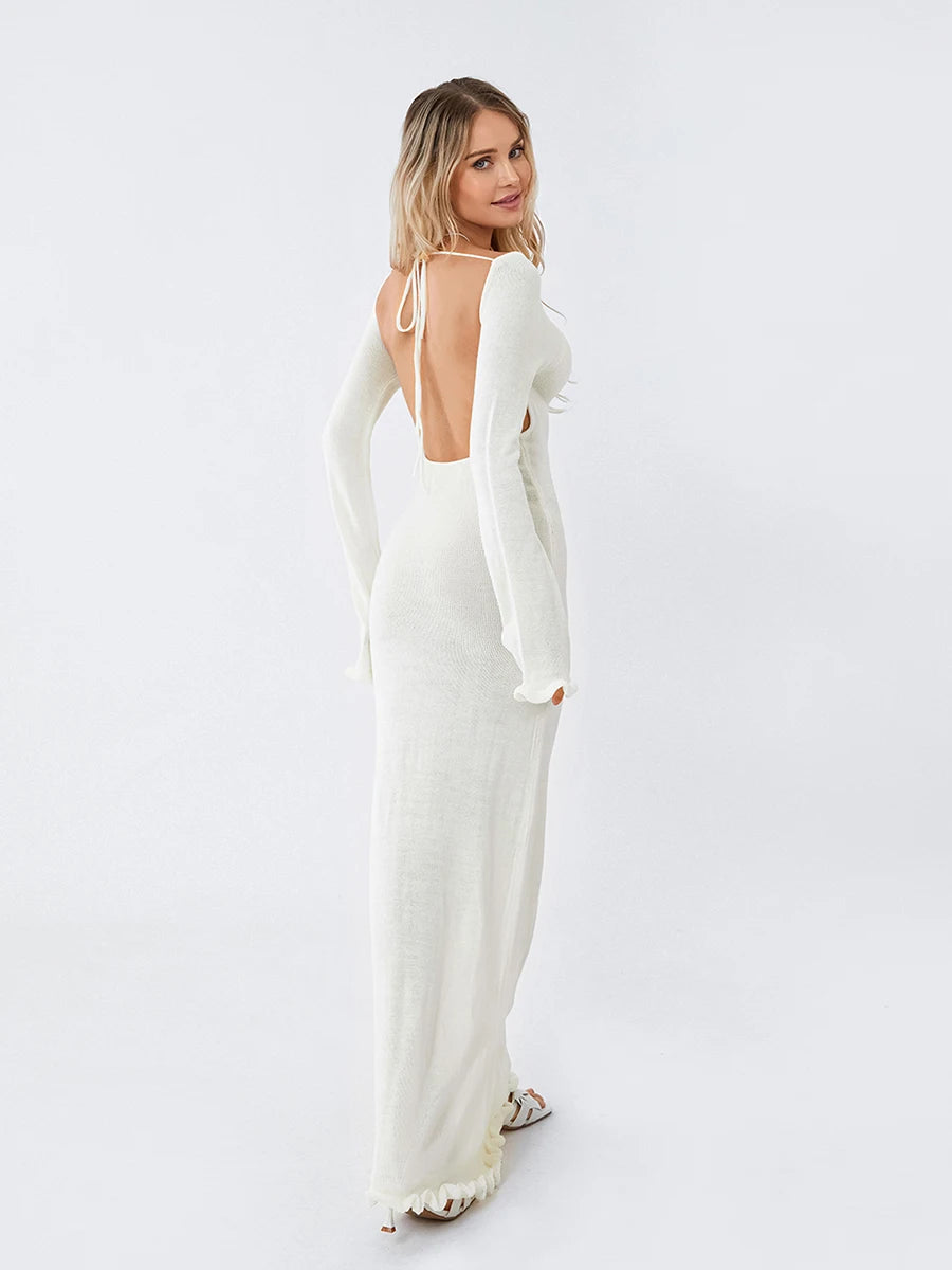 Damen-Kleid mit langen Ärmeln, Krawatte, rückenfrei, Rundhalsausschnitt, Rüschenbesatz, langes Kleid, Herbst und Winter, gestrickt, einfarbig, figurbetontes Kleid, Beige/Grau/Weiß