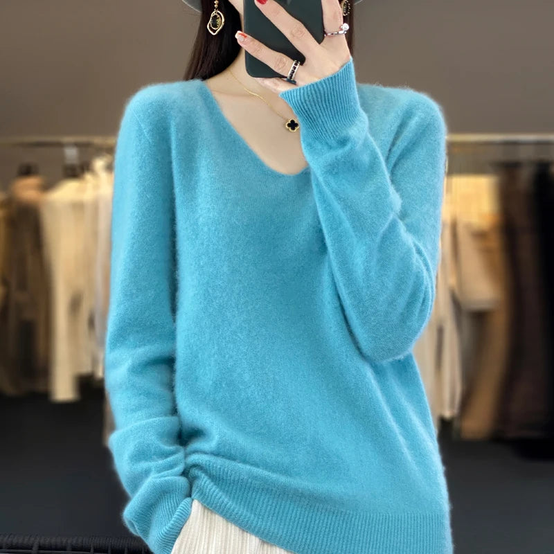 Frauen 100% Merinowolle Pullover V-Ausschnitt Basic Pullover Herbst Winter Kaschmir Kleidung Langarm weiche Strickwaren Tops einfarbig