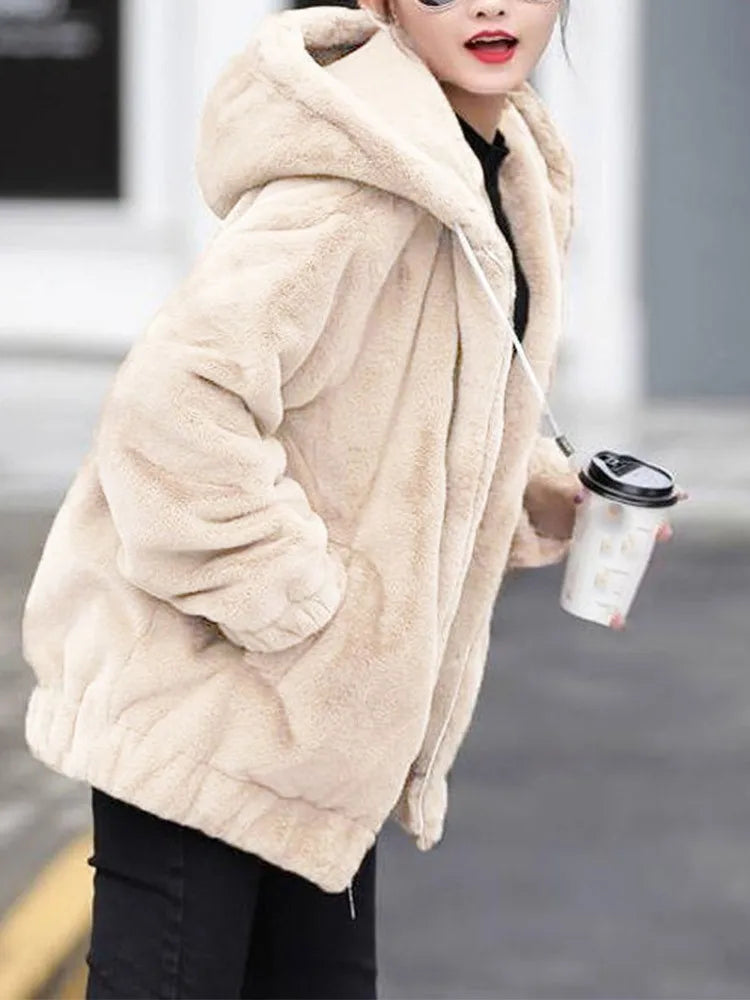 Plüsch-Kapuzenjacke für Damen, mittellang, Winter, neuer lockerer Plüsch, warmer, langer Ärmel, Plüsch, kurze Jacke, modischer Freizeitmantel