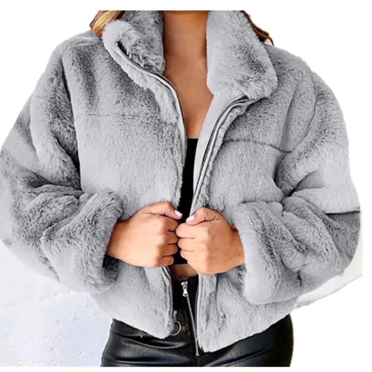2025, Winter frauen Warme Jacke Zipper Strickjacke Faux Pelz Mode Langarm Stehen Kragen Plüsch Mantel für Weibliche