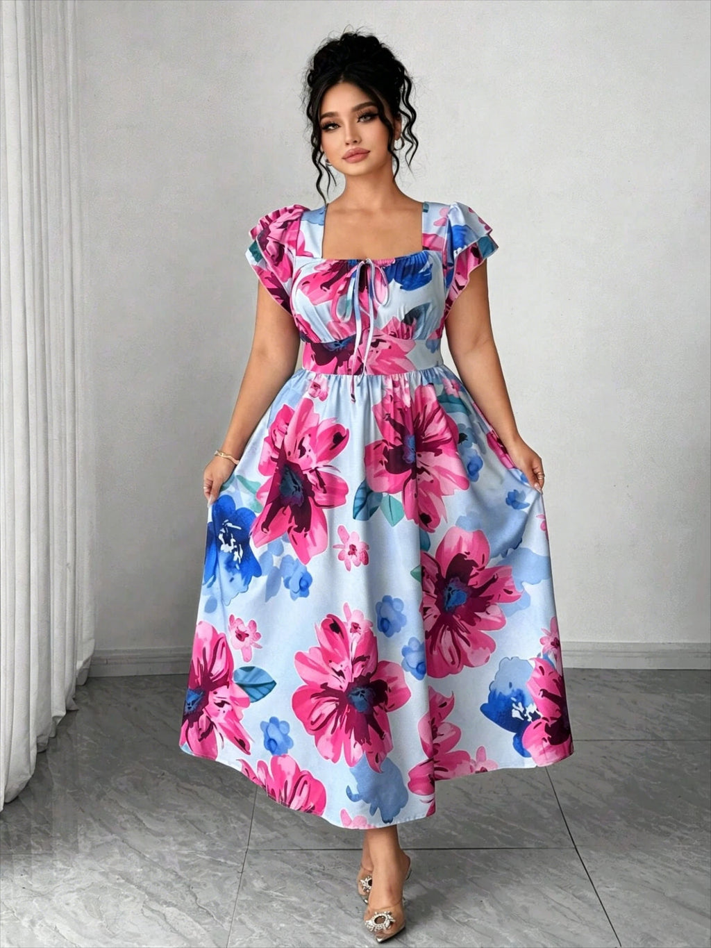 Elegantes, blau bedrucktes A-Linien-Kleid für Damen in Übergröße, schmal geschnittenes, lässiges Minikleid für den Alltag und Verabredungen