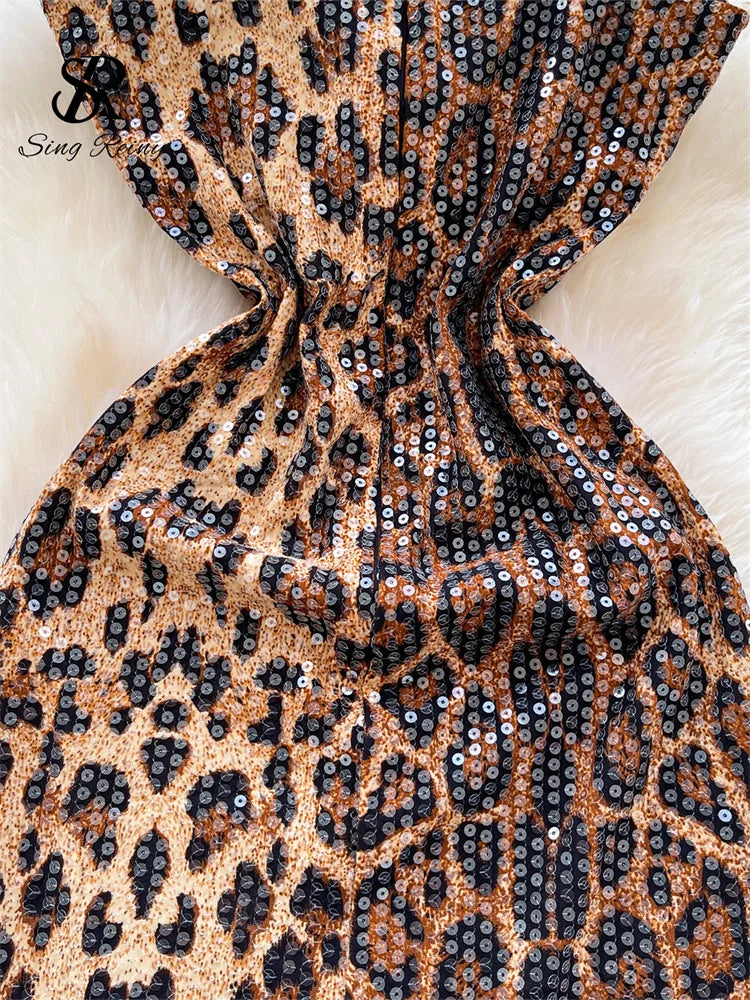 SINGREINY Sexy Leopard Women Dress 2026 Summer Trendy Night Club Party Sling Spicy Girl Sequined Glitter Bodycon Mini Dresses