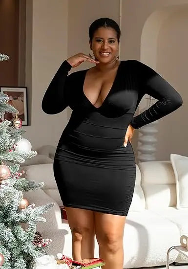 Ein neues europäisches grenzüberschreitendes Damenkleid 2025, mit V-Ausschnitt, sexy langärmeligen, einfarbigen Farben, hoher Taille und kurzen Hüften