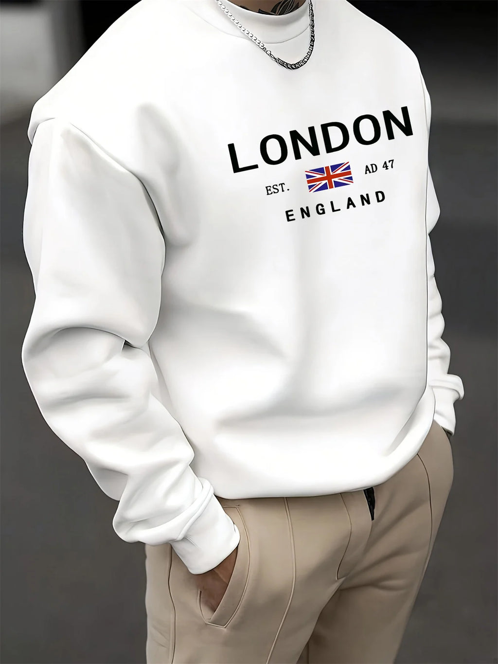 Herren-Herbst- und Wintermode, lässig, locker, London England-Muster, bedruckt, langärmelig, Rundhalsausschnitt, Sportbekleidung