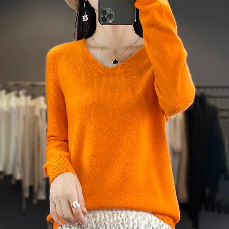 Frauen 100% Merinowolle Pullover V-Ausschnitt Basic Pullover Herbst Winter Kaschmir Kleidung Langarm weiche Strickwaren Tops einfarbig