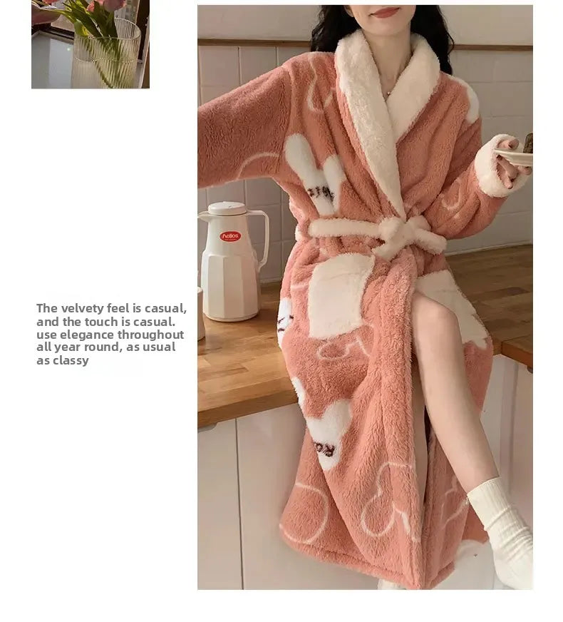 Verdickte Korallen Fleece Robe frauen V-ausschnitt Gürtel Langarm Mid-länge Süße Stil Warme Hause Kleidung Winter Saison