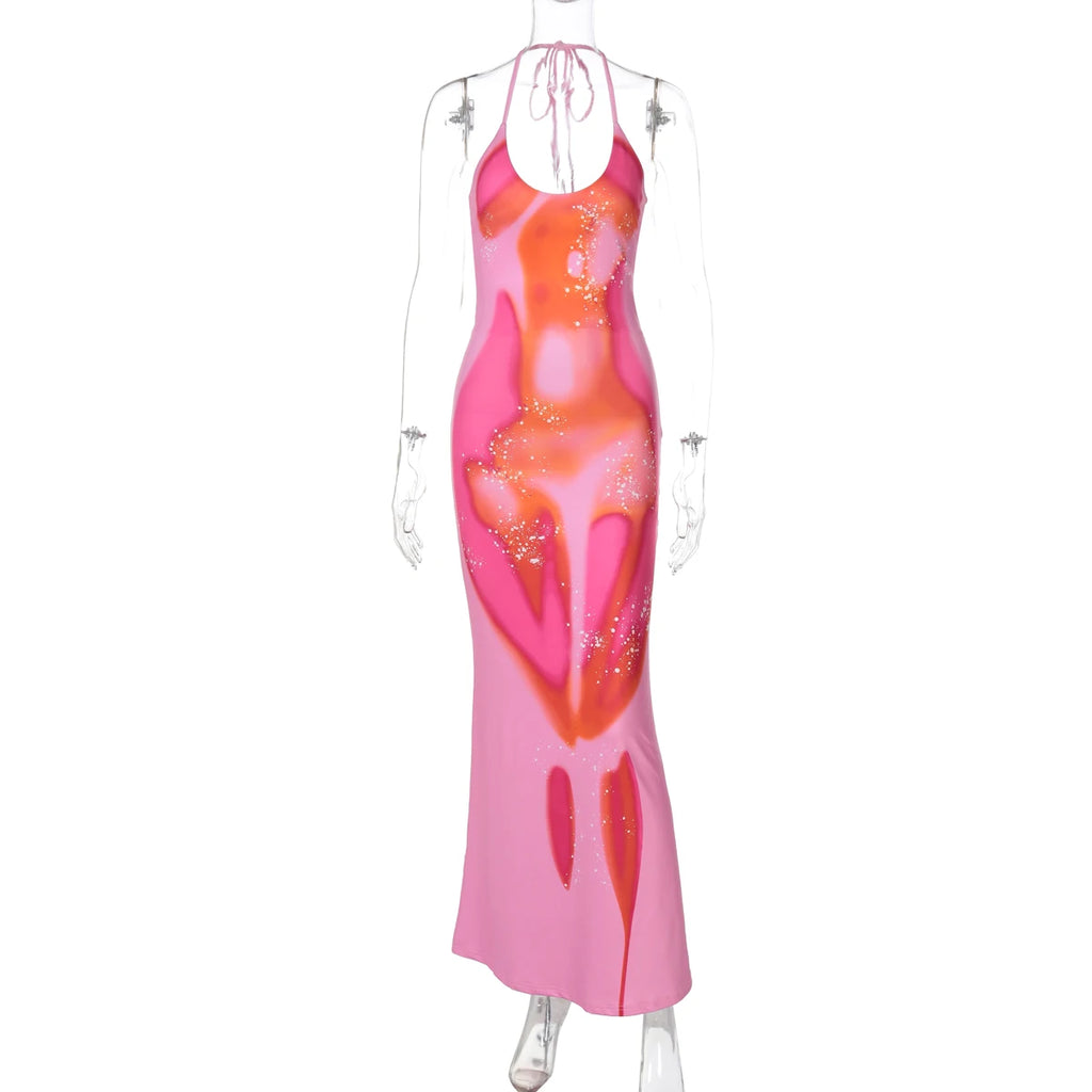 Hugcitar 2025 Frühling Halter Print Halter-Backless Verband Gürtel Sexy Bodycon Maxi Kleid Frauen Mode Outfits Streetwear Festival