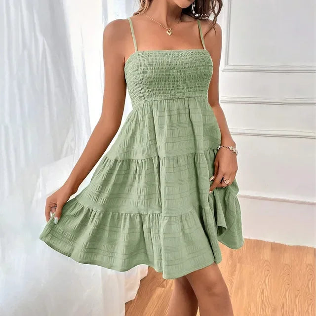 Bohemian Strand Sommerkleid Frauen Sexy Ärmellose Backless Große Schaukel Mini Kleid Solide Spaghetti Strap Rüschen Kleid Sommer Vestidos