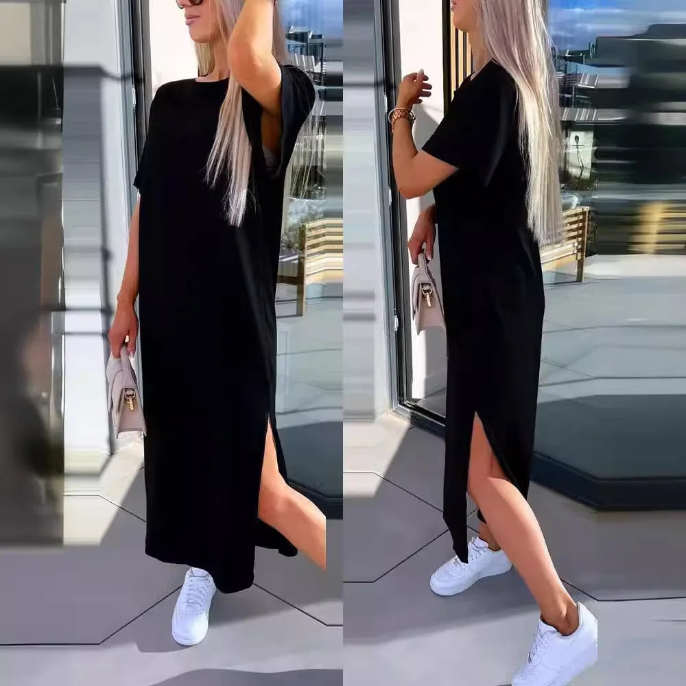 Fashion Simple O Neck Short Sleeve Solid Dress For Women New 2024 Summer Casual Loose Comfortable Split Long Dress Robe Femme