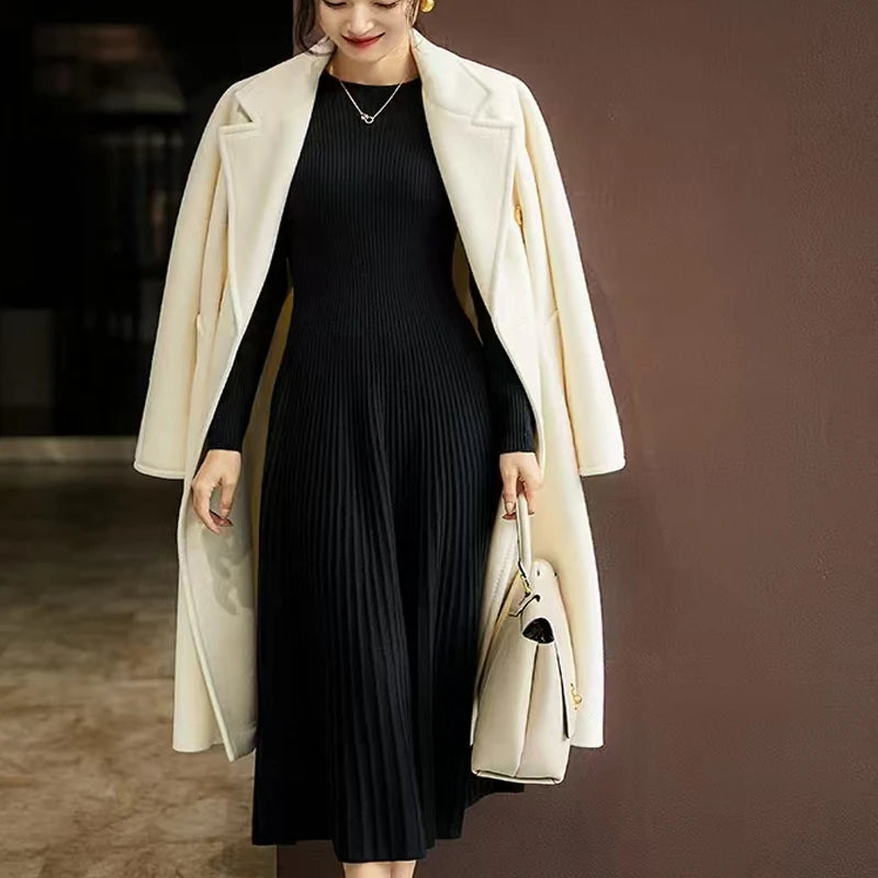 Frühling Herbst Pullover Damen Kleid 100 % Merinowolle Kleid O-Ausschnitt Slim Maxirock Basic Langarm Kleid Sexy Inside Join Dress