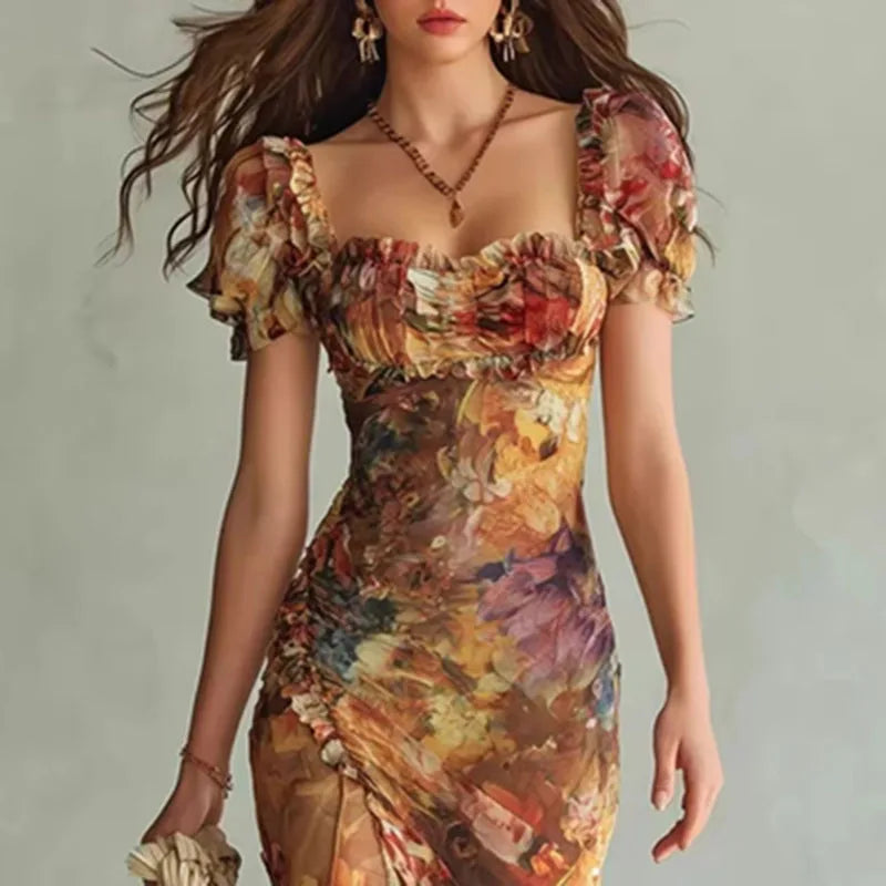 Boho Blumen-Maxikleid Damen Frühling Sexy Quadratischer Ausschnitt Gerafftes Schlitz-Bodycon-Kleid Neues Sommer Puffärmel Rüschen Partykleid