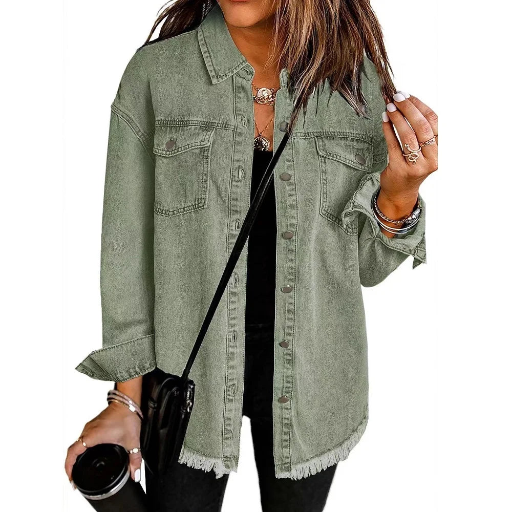 Gewaschene Denim Jacke Frauen Herbst Quaste Revers Jeans Jacke Weibliche Casual Lose Langarm Einreiher Oberbekleidung Shirts Mantel