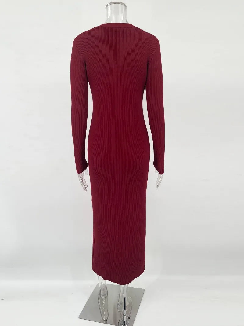 Trendix Elegantes Abendkleid für Damen, V-Ausschnitt, lange Ärmel, Patchwork, Knopf, Schlitz, Pullover, Kleider, 2024, Herbst und Winter, gestricktes Maxikleid